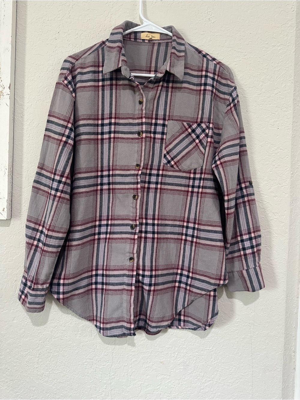Love Notes Gray Plaid Button-Down Shirt with Pink Accents